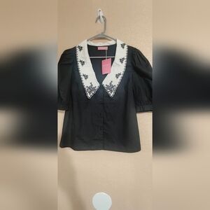 Fairyland Chic Black Blouse with White Embroidered Collar